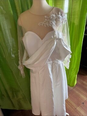 White Strapless Cocktail Dress with Sheer Embroidered Overlay